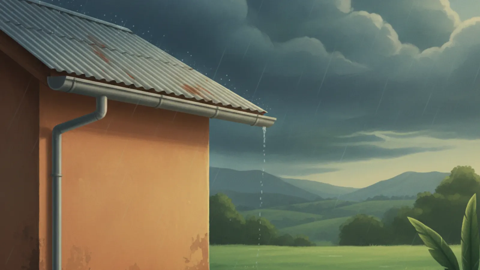 Ilustración de una casa de un piso con techo de lámina y canoa metálica bajo nubes de lluvia