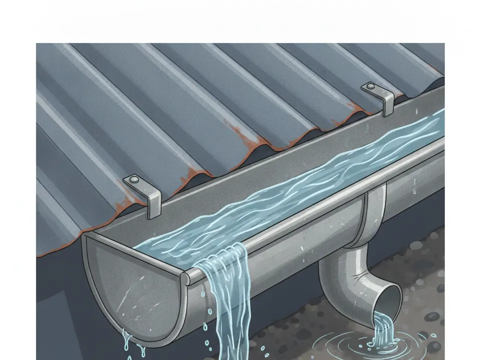 Ilustración de una canoa metálica instalada en el borde de un techo de lámina